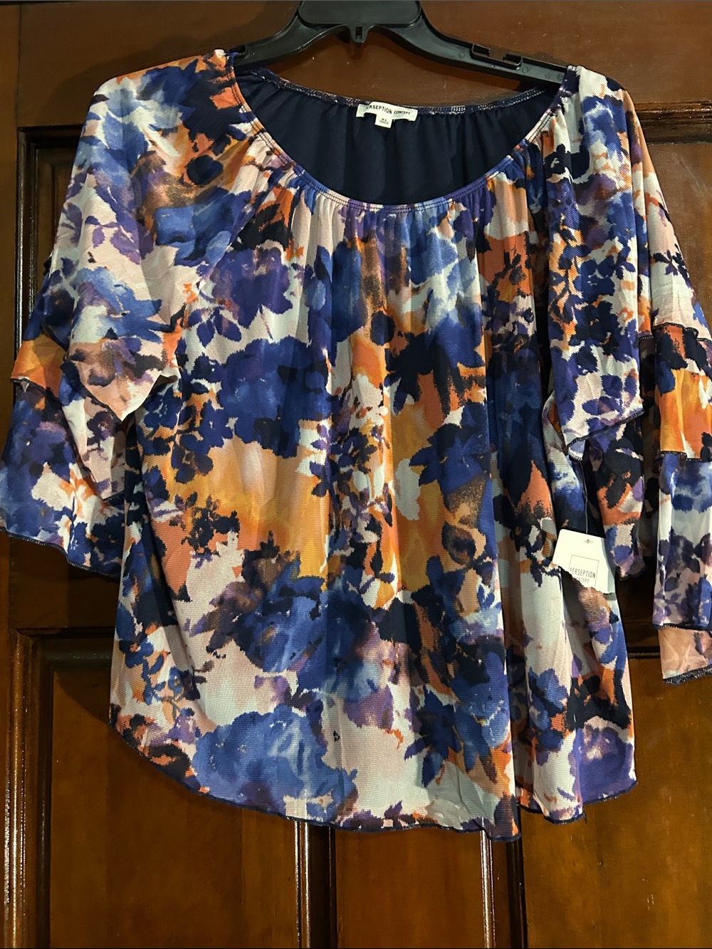 PerSeption Concept Floral Scoop Neck Blouse - Blue & Orange